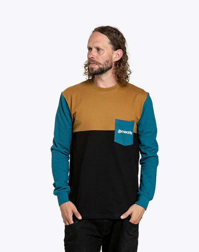 Pánske tričko s dlhým rukávom Meatfly Harvey, Petrol Heather/Gold Brown